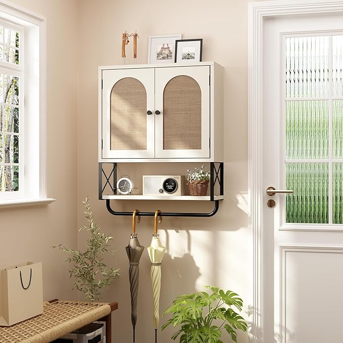 RUSTOWN Rattan Bathroom Wall Cabinet, Boho Over The Toilet Storage Cabinet with Arched Rattan Doors, Modern Medicine Cabinet with Adjustable Shelves & Towel Bar (Vintage White, Medium)