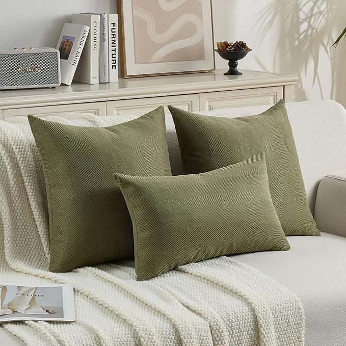 FUTEI Moss Green Chenille Throw Pillow Covers 12x20 Inch Set of 2,Soft Wide Chevron Textured Lumbar Pillow Cases,Farmhouse Home Decor for Couch Bed Living Room