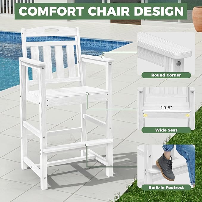 HDPE Outdoor Patio Tall Bar Chair, All-Weather Bar Height Balcony Adirondack Stools for Bistro, Garden, Backyard, Deck | White