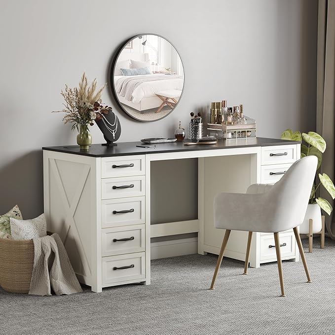 WOPITUES 60" Farmhouse Home Office Desk with 10 Wooden Drawers, Rustic Computer Writing Desk with Power Outlets, Large Executive Desk with Storage Cabinet for Work Study Writing, Black & White