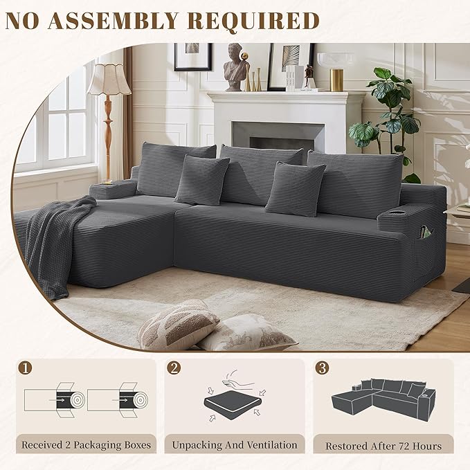 106" Cloud Sectional Couch, Modular Sectional Sofa with L-Shape Chaise, Corduroy Boneless Couch with Deep Seat, Upholstered Sofa for Living Room, No Assembly Required(Left-Facing Chaise, Dark Grey)