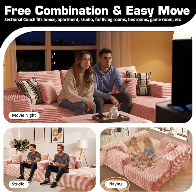 106" Cloud Sectional Couch with L-Shape Chaise & Ottoman, No Assembly Modular Sofa, Deep Seat Plush Corduroy Boneless Couched for Living Room (Pink Plush Corduroy, Right Facing Chaise with Ottoman)