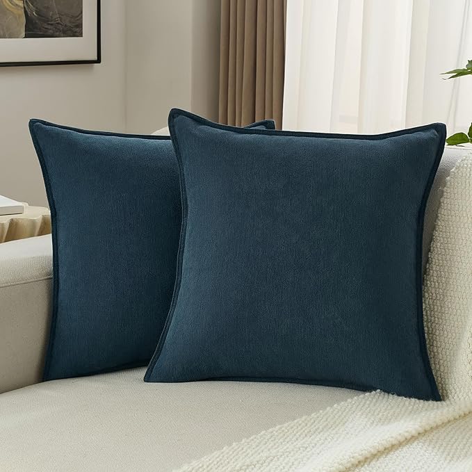 FUTEI Navy Blue Chenille Throw Pillow Covers 22x22 Inch Set of 2,Edges Double-Stitched Cushion Cases,Modern Home Decor for Couch Living Room