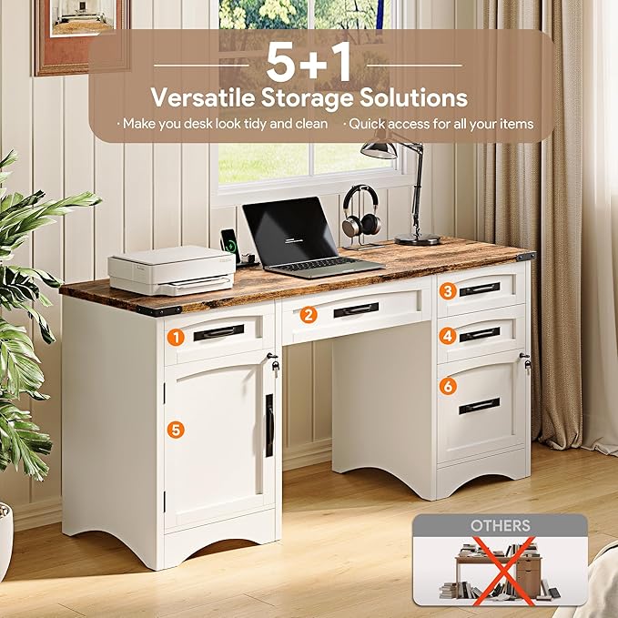 Farmhouse Executive Desk with Drawers, 55" Home Office Desks with Fast Charging Station, Lockable File Cabinet, Wood Writing Computer Desk for Work, Study, White