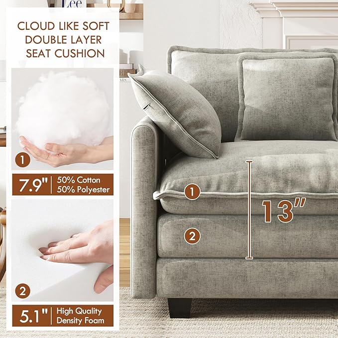 WorthFurni 146” Oversized Modular Sectional Sofa, U Shaped Cloud Couch Set for Living Room, 4-Seater Comfy Chenille Couches with 2 Movable Ottomans, DIY Combination （Grey）