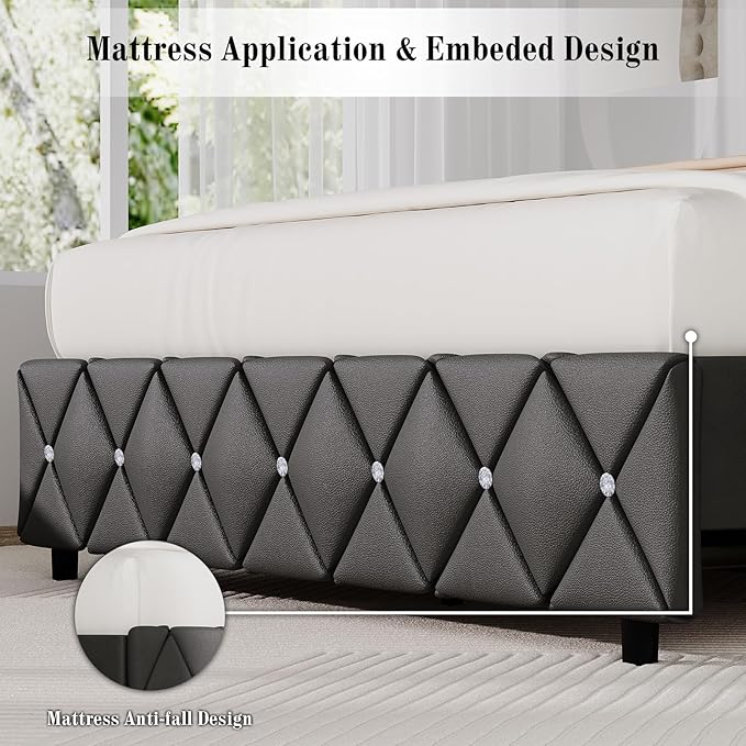 BarnFurin Queen Bed Frame with Diamond Tufted Headboard, Faux Leather Upholstered Bed with Wooden Slats Support, No Box Spring Needed, Mattress Foundation, Easy Assembly, Grey