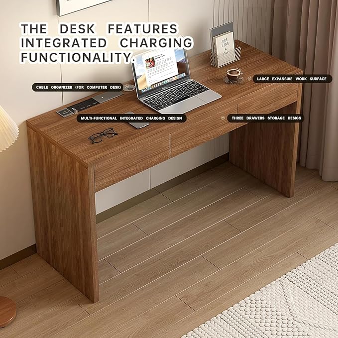 Executive Desk with Drawers, Computer Desk with Drawers with Pre-Embedded Slots, 55 inch Modern Walnut Home Office Desk with Charging Station for Study, Living Room, Bedroom