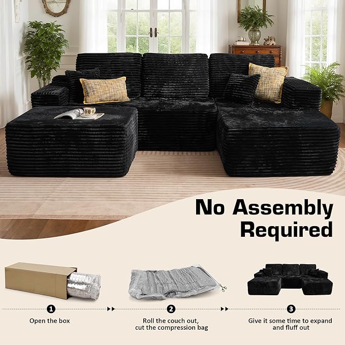 106" Cloud Sectional Couch with L-Shape Chaise & Ottoman, No Assembly Modular Sofa, Deep Seat Plush Corduroy Boneless Couched for Living Room (Black Plush Corduroy, Right Facing Chaise with Ottoman)