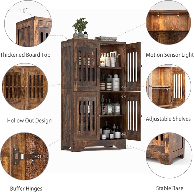 PARTPHONER Bathroom Floor Storage Cabinet with Cabinet Lights, Modern Storage Cabinet with 4 Doors and Adjustable Shelves, Buffer Hinges, Brown Pantry Cabinet for Living Room & Kitchen
