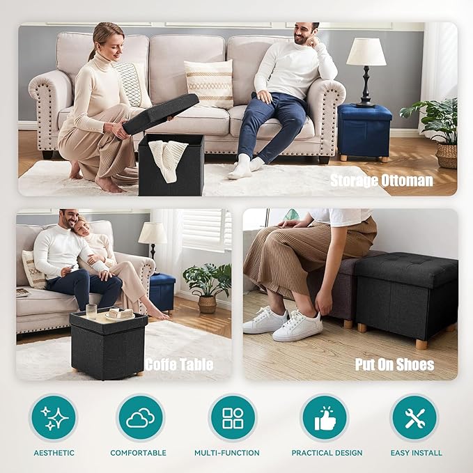 BRIAN & DANY Ottoman with Storage, Small Storage Ottoman for Dorm, Linen Folding Ottoman Foot Stool with Legs for Living Room and Bedroom, 15"x15"x15" - Black
