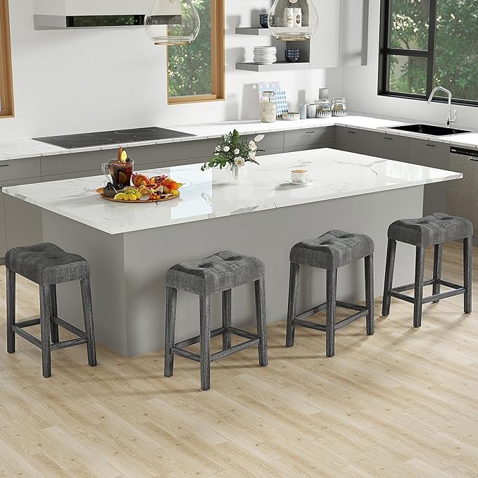 COSTWAY Wooden Saddle Stools Set of 2, 24-inch Counter Height Upholstered Backless Bar Stools with Solid Rubber Wood Legs, Padded Seat, Farmhouse Dining Chairs for Kitchen Island, Cafe, Grey