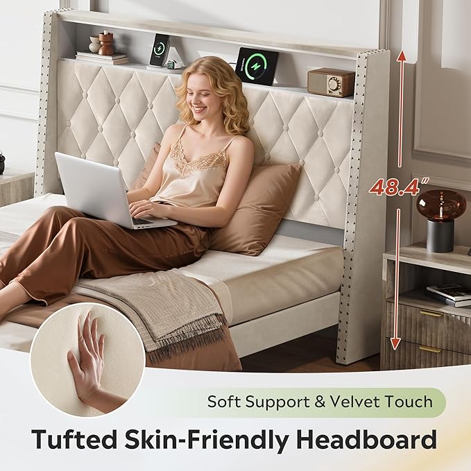 WLIVE Queen Size Upholstered Bed Frame with Storage Headboard, Velvet Square Tufted Platform Bed with Charging Station, Sturdy Metal & Wooden Slats Support, No Box Spring Needed, Beige