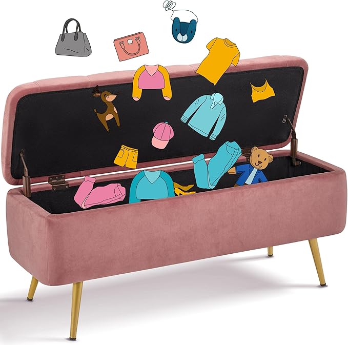Yaheetech Ottoman with Storage 2pcs, Velvet Entryway Bench with Safety Hinge, Upholstered Bench with Seating for Bedroom, Living Room, Holds up to 519 lb, Pink