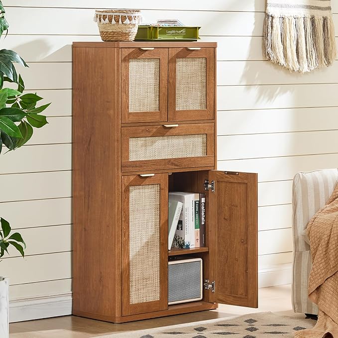 LEYAOYAO 48" Tall Storage Cabinet Set of 2,Rattan Bathroom Floor Cabinets with 4 Doors & 1Drawer,Boho Kitchen Pantry with Adjustable Shelves,Wooden Cupboard for Living Room,Home Office,Brown