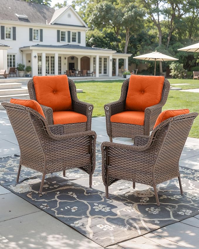 Patio Wicker Chairs Outdoor Furniture Chair - Set of 4 Outside All Weather Lawn Dining Brown Rattan Armchair with High Back&Deep Seating for Deck Porch Balcony Backyard Garden - Orange