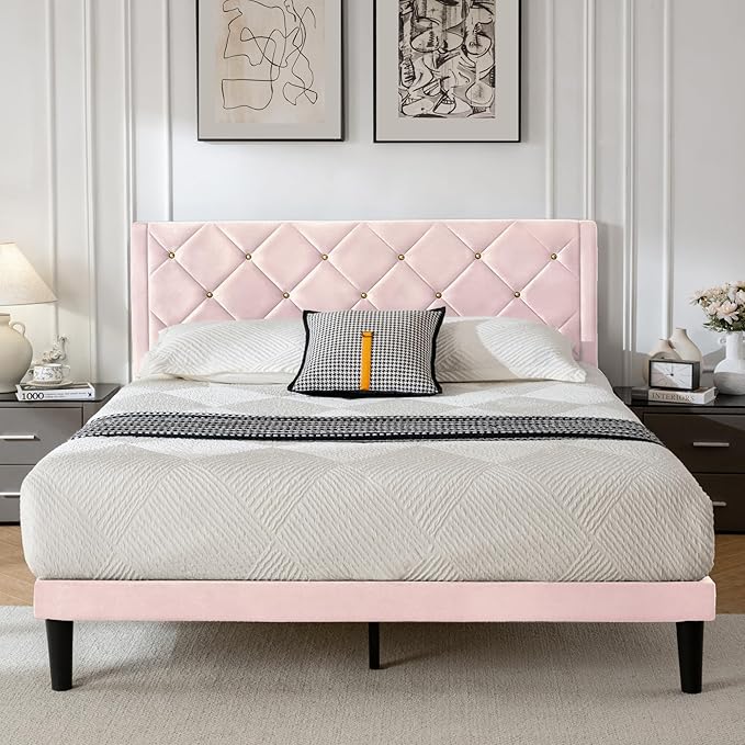 Full Size Platform Bed Frame with Velvet Upholstered Headboard and Sturdy Wooden Slats Support,Mattress Foundation，Easy Assembly, No Box Spring Needed,Slip Resistant (Pink, Full)