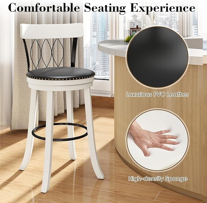 COSTWAY Bar Stools Set of 4, 30‘’ Seat Height Swivel Barstools with Ergonomic Backrest, Soft Cushion & Footrest, Rubber Wood Bar Height Bar Chairs Upholstered Dining Chairs for Kitchen Island