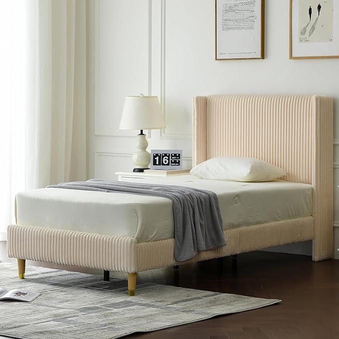 PINJU Twin Size Bed Frame, Upholstered Platform Bed with Modern Vertical Striped Wingback Headboard with Wooden Slats, Easy to Assemble No Noise Free (Beige, Twin)