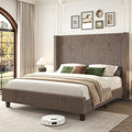 HOWE Queen Size 61" Corduroy Upholstered Bed Frame, Platform Bed with Vertical Stripe Wingback Headboard, No Box Spring Needed/Noise Free/Solid Wood Slats & Legs/Chestnut