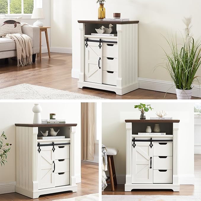 Bathroom Floor Cabinet, Farmhouse Storage Cabinet with Sliding Barn Door, Small Storage Cabinet with Drawer for Bathroom, Kitchen, Living Room, Rustic Style (Antique White)