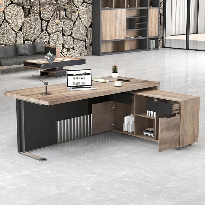 70.87 Inch L Shaped Executive Office Desk with 2 Drawers, Modern Home Office Desk with File Cabinet, Business Furniture w/Stand Under Desk Storage Organizer with 4 Wheels