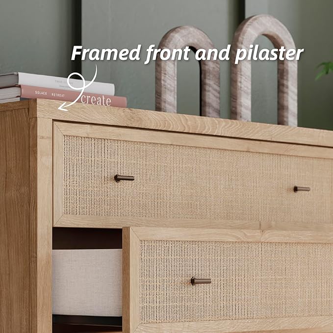 Signature Design by Ashley Cielden Contemporary Chest of Drawers with Textured Cane Details and 5 Drawers, Bronze Knobs, Wood, 52.48" High, Light Brown