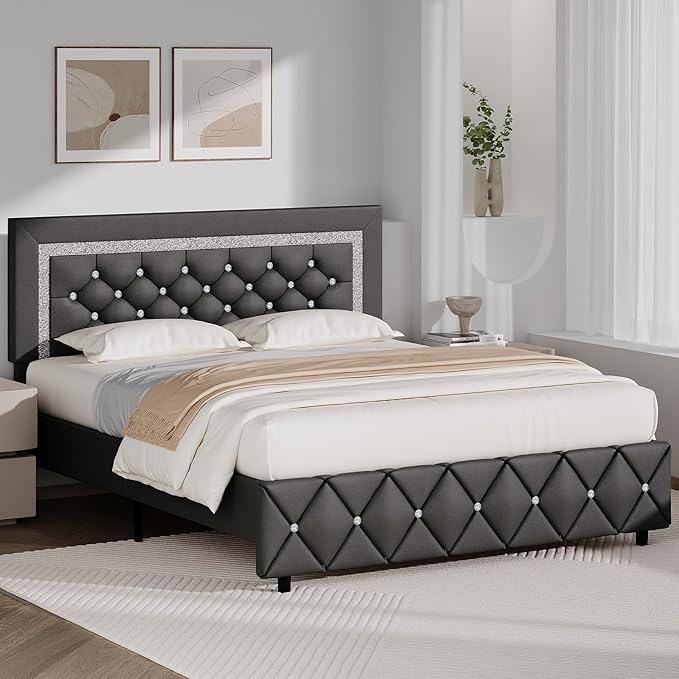 BarnFurin Full Bed Frame with Diamond Tufted Headboard, Faux Leather Upholstered Bed with Wooden Slats Support, No Box Spring Needed, Mattress Foundation, Easy Assembly, Gray