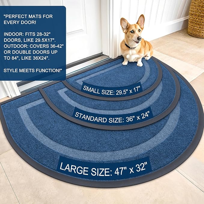 OLANLY Half Circle Door Mat Indoor Outdoor Entrance Welcome, Waterproof All-Season, All-Weather Doormat, Sturdy Natural Rubber, Low Profile, Easy Clean Patio Porch Entryway Mat, 47x23, Light Blue