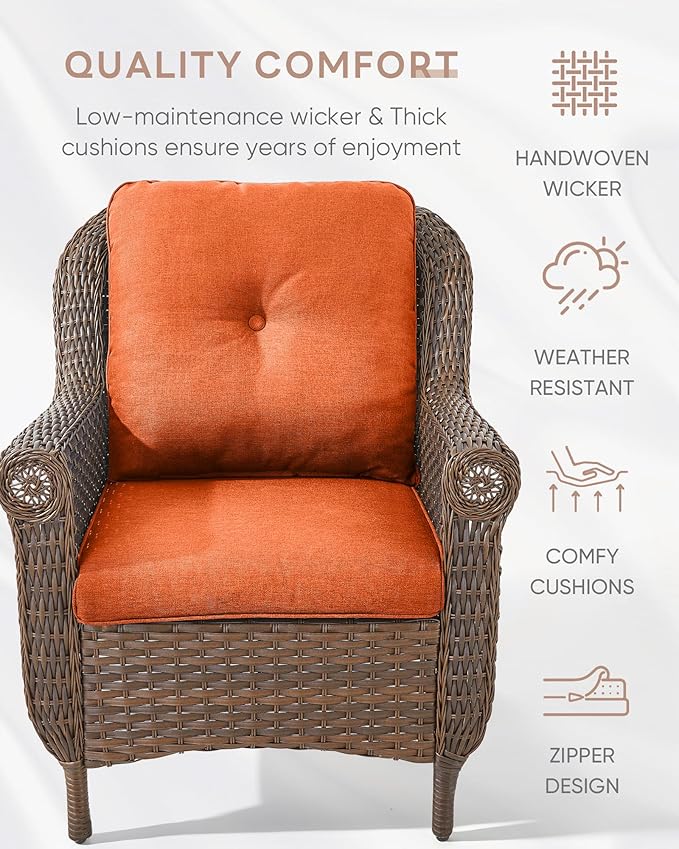 Outdoor Patio Chairs with Fire Pit Table 5 Piece Set - High Back Brown Wicker Rattan Lawn Chair with Thick Cushion for Porch Apartment Deck Yard Poolside Garden - Orange
