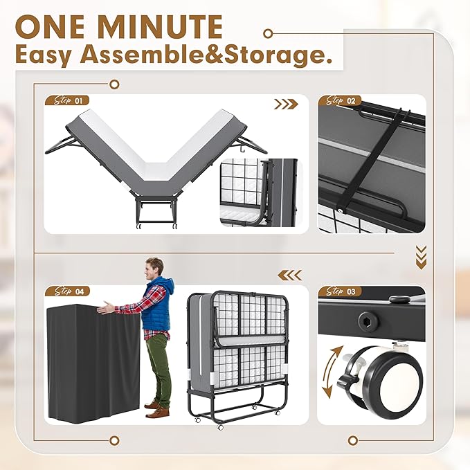 Superday Folding Bed with Mattress, 75" x 38" Folded Bed, Roll Away Beds with 5" Memory Foam Mattresses for Adults, Foldable Twin Beds for Guest Room, Small Apartment, Space-Saving Sturdy Metal Frame