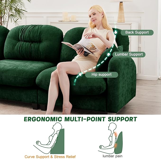 140" L Shaped Sofa for Living Room, Comfy Chenille Fabric Cloud Sectional Couch, Modern Upholstered Deep Seat Sofa with Pillow and Movable Ottoman, Oversized 4 Seater Sectional Sofa, Green