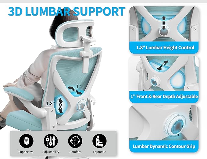 Office Chair - Ergonomic Office Chair with Back Support, Ergonomic Computer Chair - Home Office Desk Chairs, 400lbs Wide Seat Big and Tall Office Chairs with Headrest, Comfy Desk Chairs (Lake Blue)