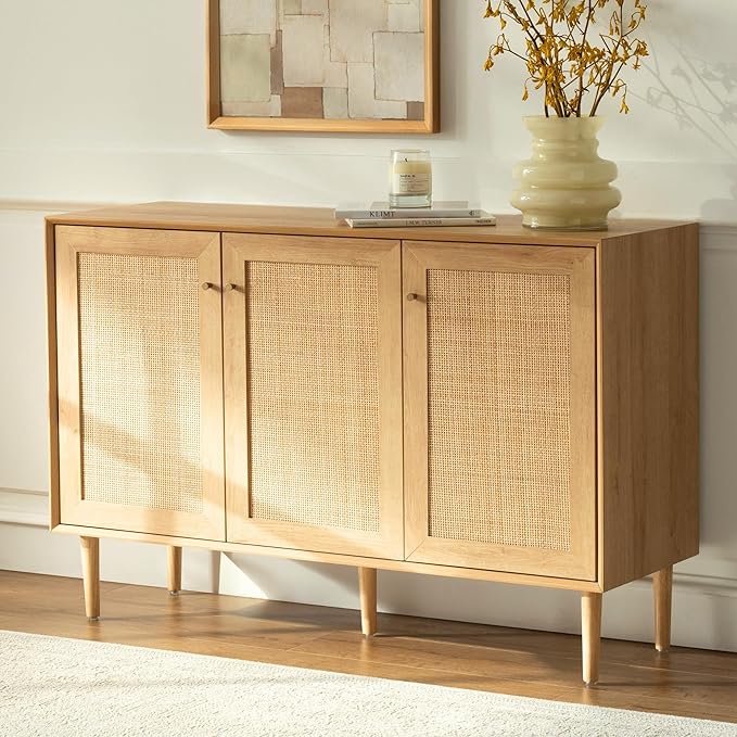 Rattan Storage Cabinet with 3 Doors, Boho Sideboard Buffet Cabinet Solid Wood Farmhouse Credenza Cabinet with Adjustable Shelves for Living Room Kitchen Entryway Hallway, Natural Oak
