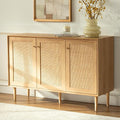 Rattan Storage Cabinet with 3 Doors, Boho Sideboard Buffet Cabinet Solid Wood Farmhouse Credenza Cabinet with Adjustable Shelves for Living Room Kitchen Entryway Hallway, Natural Oak