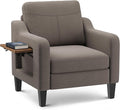 Accent Chair for Living Room Modern Linen Upholstered Armchair Side Wooden Fabric Sofa Chair with Foldable Table 2 Side Pockets Comfy Reading Chair for Bedroom