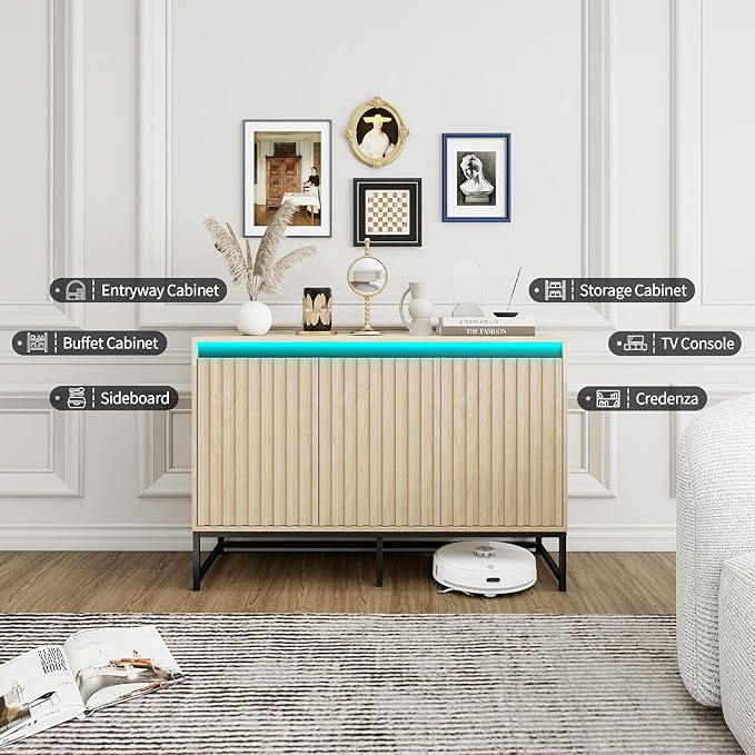 Fluted Sideboard Buffet Cabinet with Storage, 47" Wood Storage Cabinet with Doors and Adjustable Shelves LED Light, Modern Credenza for Kitchen, Dining room, Living room, Entryway(Oak, set of 2)