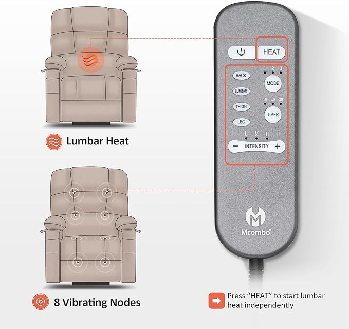 MCombo Medium Lay Flat Dual Motor Power Lift Recliner Chair Sofa with Massage and Heat for Elderly People, Infinite Position, Faux Leather 7679 (Cream White, Medium)