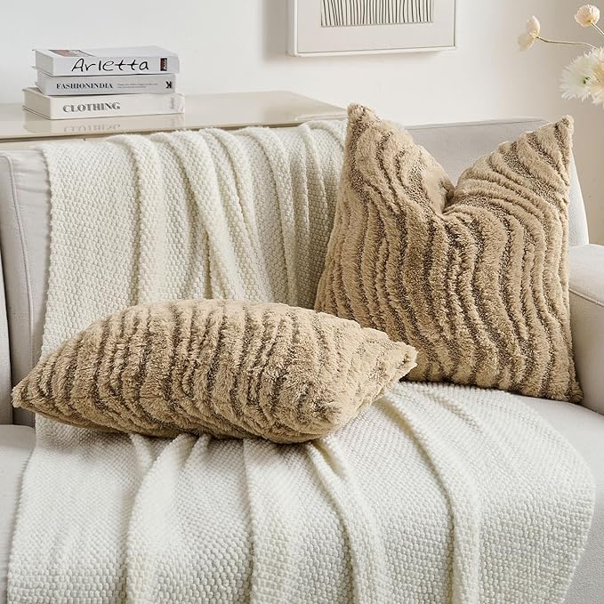 FUTEI Khaki Decorative Throw Pillow Covers 24x24 Inch Set of 2,Soft Faux Fur Geometric Shapes Texture European Cushion Case,Boho Home Decor for Couch Bed Living Room