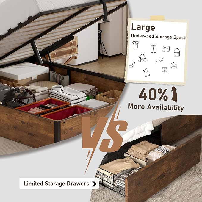 Lift Up Storage Bed Frame, King Size Wooden Platform Bed with Large Storage Underneath, No Box Spring Needed, Noise Free, Rustic Brown