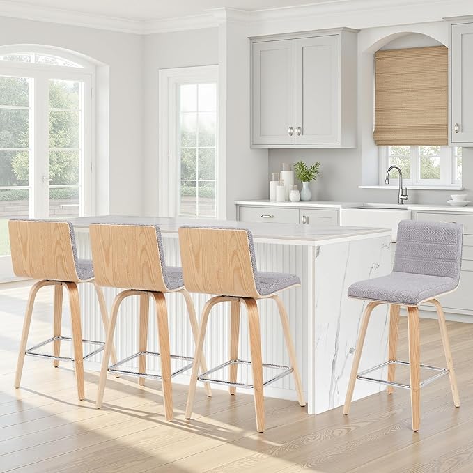 Vienna Modern Counter Height Swivel Bar Stool with Grey Upholstered Seat and Patterned Oak Wood Frame Set of 4