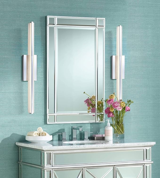Possini Euro Design Eloe Mid Century Modern Wall Mount Light LED Chrome Silver Hardwired 31 1/4" Wide Light Bar Shade Fixture Painted White Glass for Bathroom Vanity Mirror House Home Room Decor