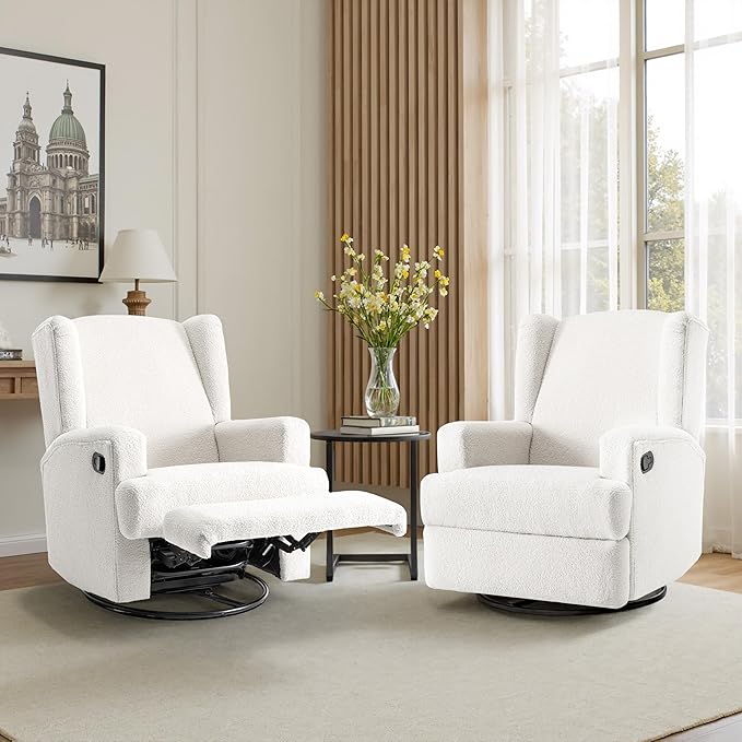 Boucle Swivel Glider Recliner Chair for Adults - Plush High Back Rocker with Deep Seat, Manual Reclining Upholstered Armchair for Living Room or Nursery, Textured Fabric Accent Chair-White
