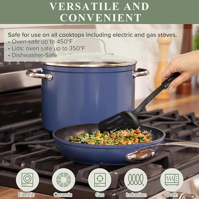 Nuwave Healthy Duralon Blue Ceramic Nonstick Cookware Set, Diamond Infused Scratch-Resistant, PFAS Free, Dishwasher & Oven Safe, Induction Ready & Evenly Heats, Tempered Glass Lids & Stay-Cool Handles