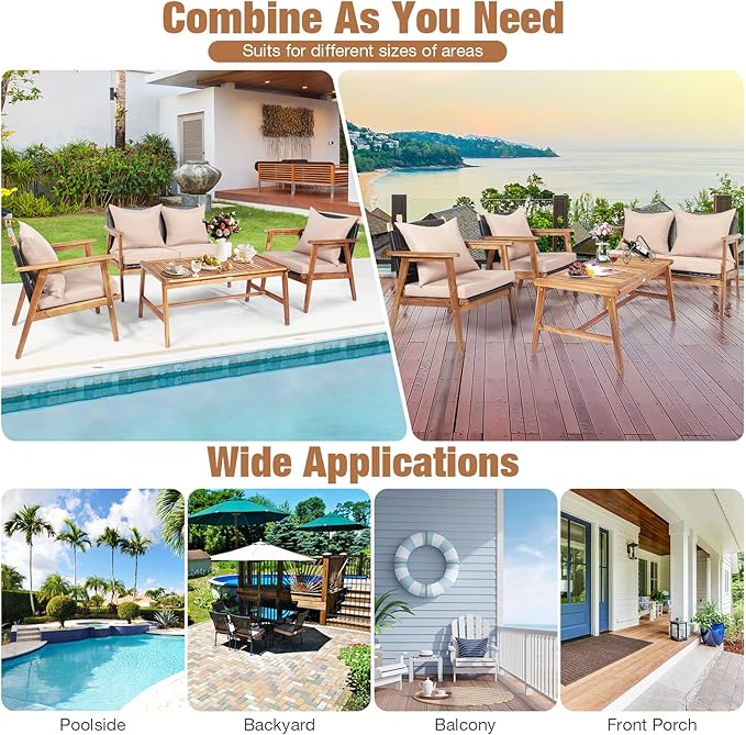 COSTWAY 4 Pieces Acacia Wood Patio Conversation Set, Outdoor Wicker Sofa with Coffee Table & Cushions, Patio Rattan Furniture Set for Yard, Porch, Poolside, Balcony, Backyard, Beige