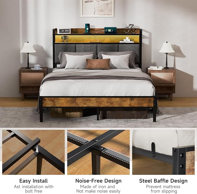 Z-hom Full Bed Frames, Full Bed Frame with 2-Tier Storage Upholstered Headboard, Metal Platform with USB Charging Station & LED Lights, Noise Free, No Box Spring Needed, Easy Assembly, Vintage Brown