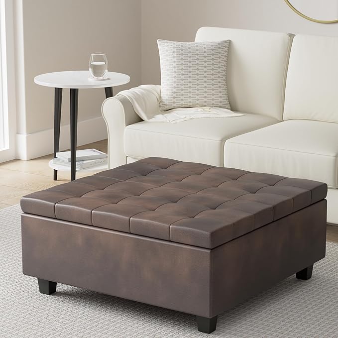SIMPLIHOME Harrison Coffee Table Storage Ottoman - 36 inch Wide Upholstered Vegan Leather Square Lift-Top Ottoman in Distressed Brown, Transitional Ottoman for Living Room with Hidden Storage