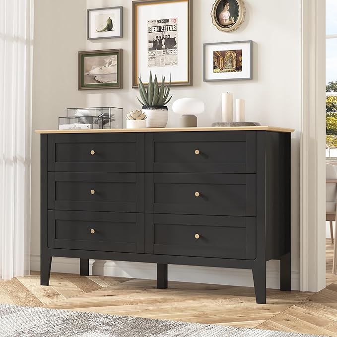6 Drawers Black Dresser for Bedroom, 47" Wide Wood Modern Chest of Drawers, Shaker Style, Modular Dresser TV Stand for Bedroom, Living Room, Hallway (Black)