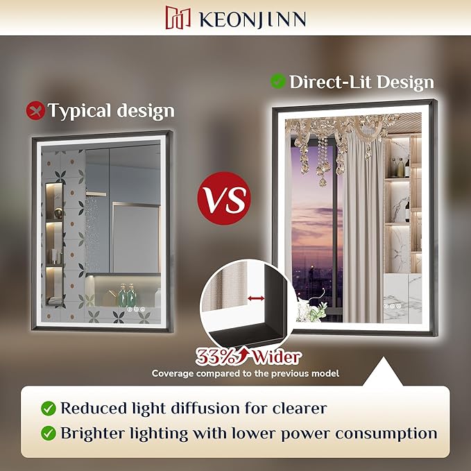 Keonjinn 30" x 36" LED Bathroom Mirror with Frontlit & Backlit, Black Metal Framed Mirror for Wall, Antifog, Stepless 3 Colors Temperature, UL-Listed LED Driver, Tempered Glass