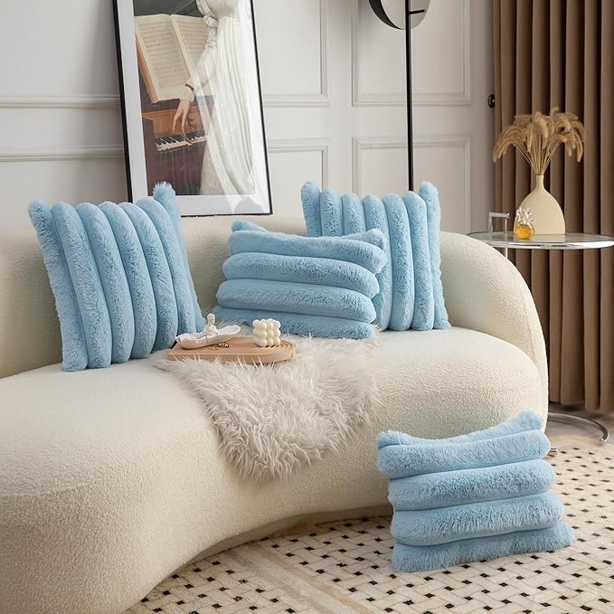 Neelvin Blue Faux Fur Cozy Soft Striped Decorative Throw Pillow Covers 20x20 inch Set of 2,Velvet Pillowcase Cushion Case for Sofa Couch