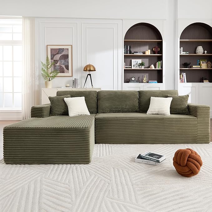 108" Boneless Couches for Living Room, Modular Sectional Sofa with Oversized Chaise, L-Shape Cloud Couch with Deep Seat, High-Density Memory Foam, No Assembly Required, Plush Corduroy Green